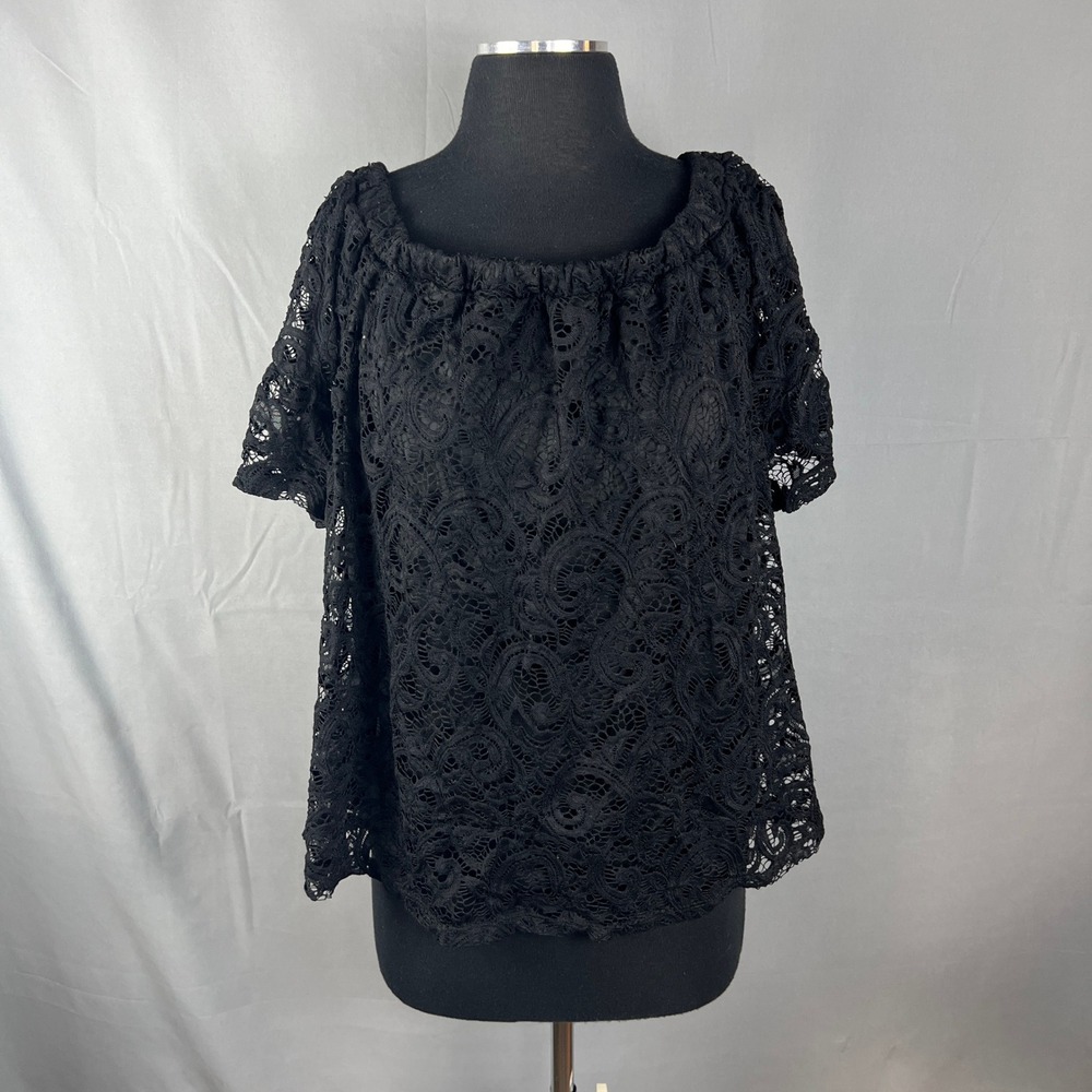 Belinda Off The Shoulder Blouse Top Women 3XL Black Stretch Floral Lace Overlay